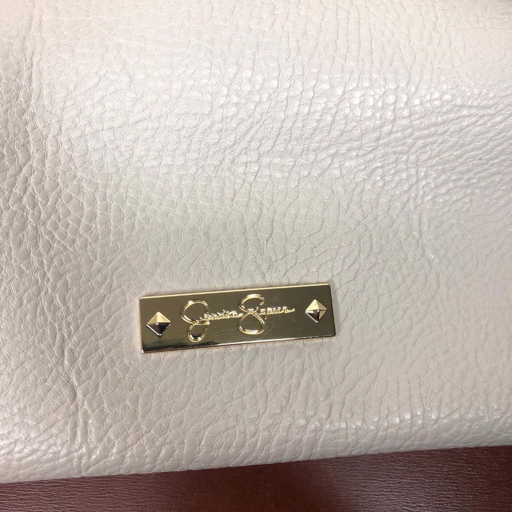Jessica Simpson Faux Leather Two Toned Shoulder Bag Tote Logo Charm EUC - Picture 4 of 9